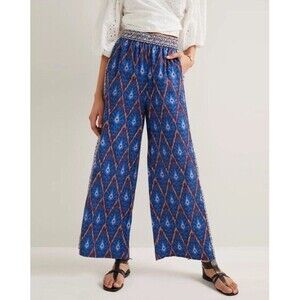 Anthropologie Vale Wide Leg Pants S Palazzo Print Blue Motif Boho Ikat Tile